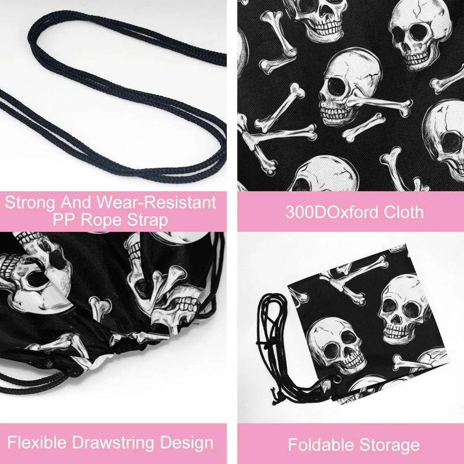 2 Pcs white skulls and bones 1 Drawstring Backpack Bag Sport Gym Sack pack