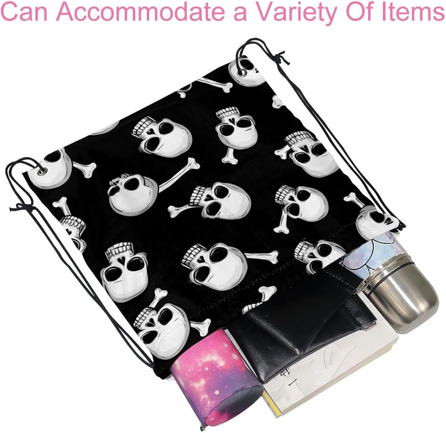 2 Pcs white skulls and bones 1 Drawstring Backpack Bag Sport Gym Sack pack