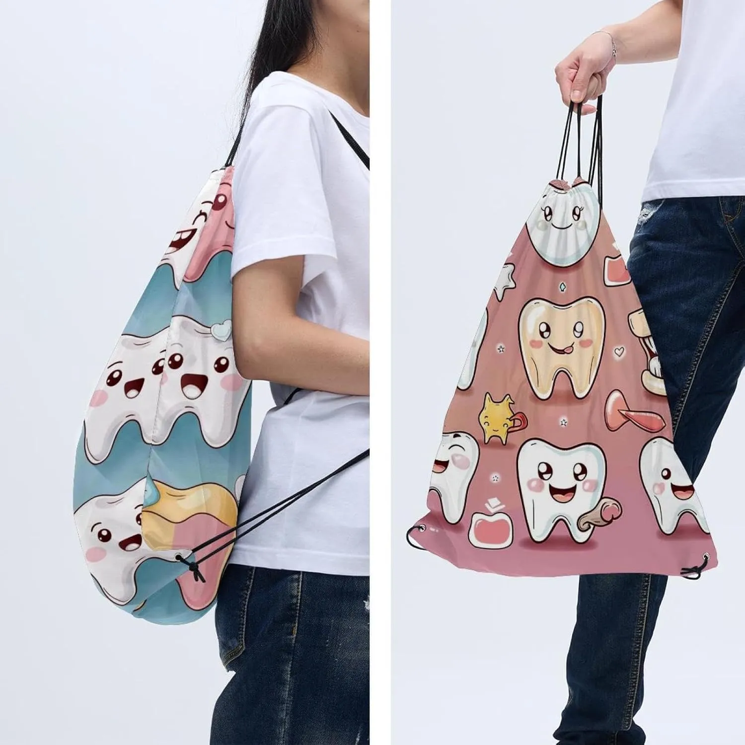 2 Pieces Drawstring Backpacks, Cute Teeth Draw String Back Bag Drawstring Bags for Sports, Gym, Travel, Swimming, Beach
