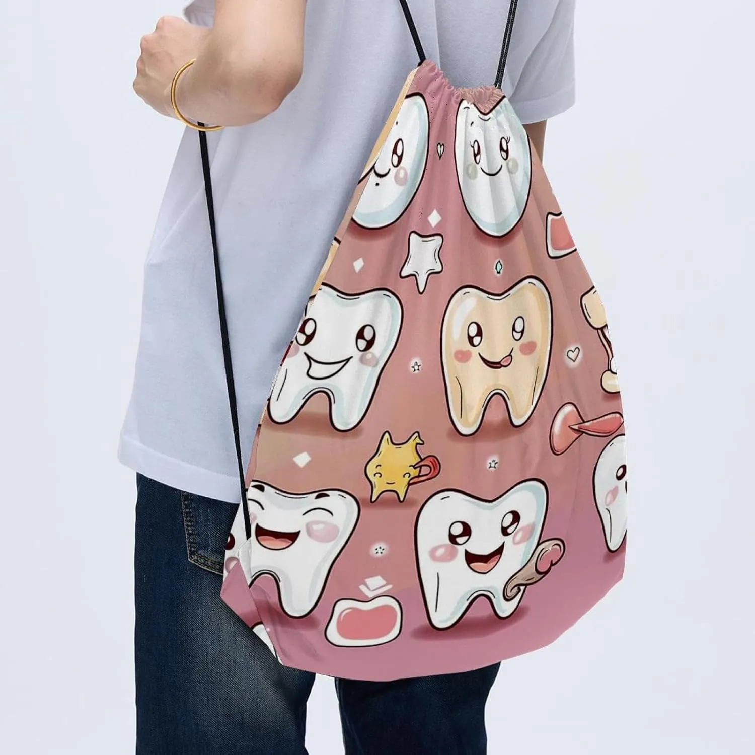 2 Pieces Drawstring Backpacks, Cute Teeth Draw String Back Bag Drawstring Bags for Sports, Gym, Travel, Swimming, Beach
