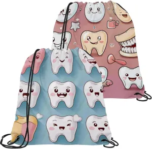 2 Pieces Drawstring Backpacks, Cute Teeth Draw String Back Bag Drawstring Bags for Sports, Gym, Travel, Swimming, Beach