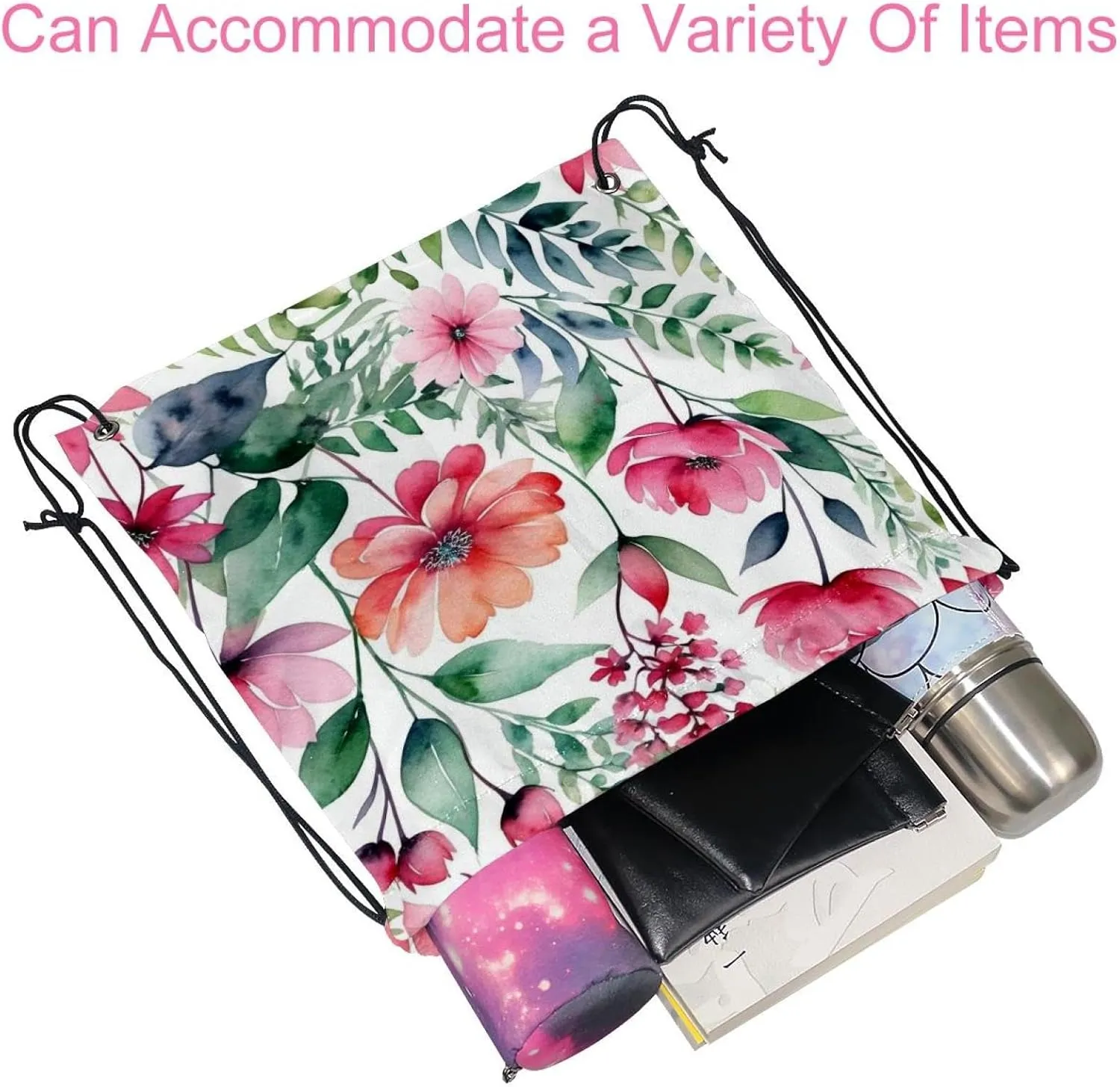 2 Pieces Drawstring Backpacks, Pink Flowers with Leaves Draw String Back Bag Drawstring Bags for Sports, Gym, Travel, Swimming, Beach