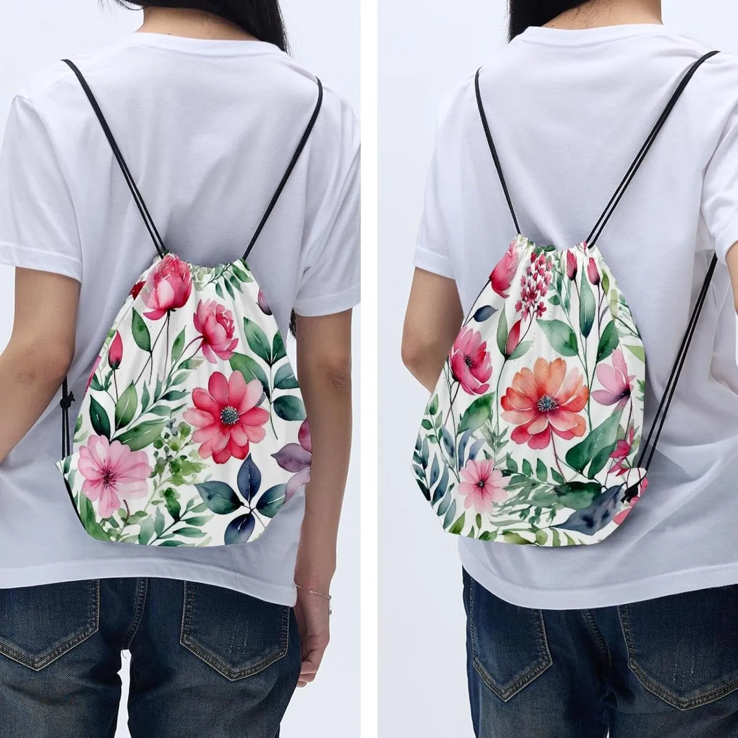 2 Pieces Drawstring Backpacks, Pink Flowers with Leaves Draw String Back Bag Drawstring Bags for Sports, Gym, Travel, Swimming, Beach