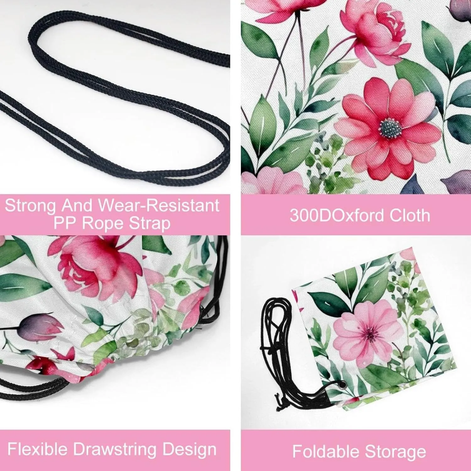 2 Pieces Drawstring Backpacks, Pink Flowers with Leaves Draw String Back Bag Drawstring Bags for Sports, Gym, Travel, Swimming, Beach