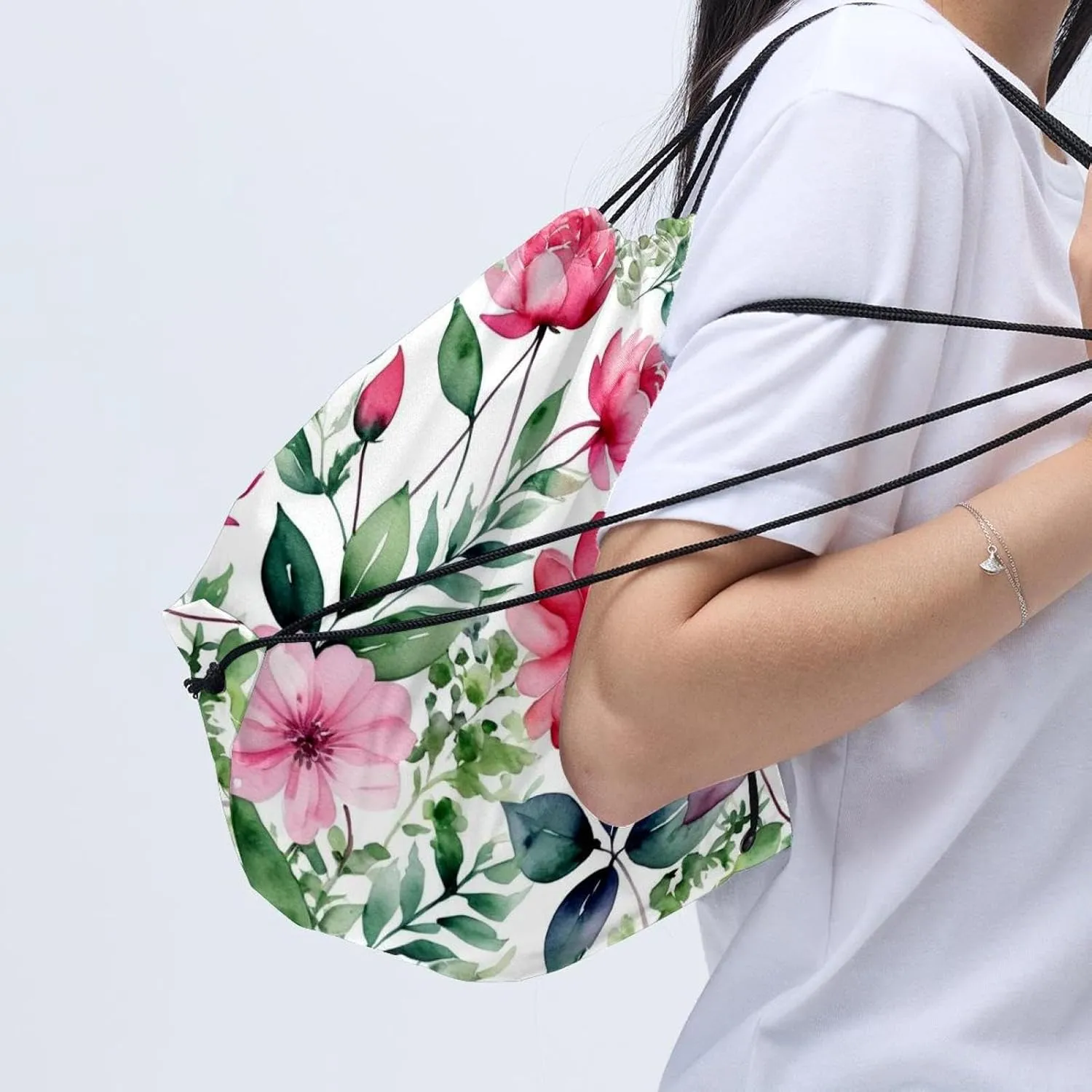 2 Pieces Drawstring Backpacks, Pink Flowers with Leaves Draw String Back Bag Drawstring Bags for Sports, Gym, Travel, Swimming, Beach