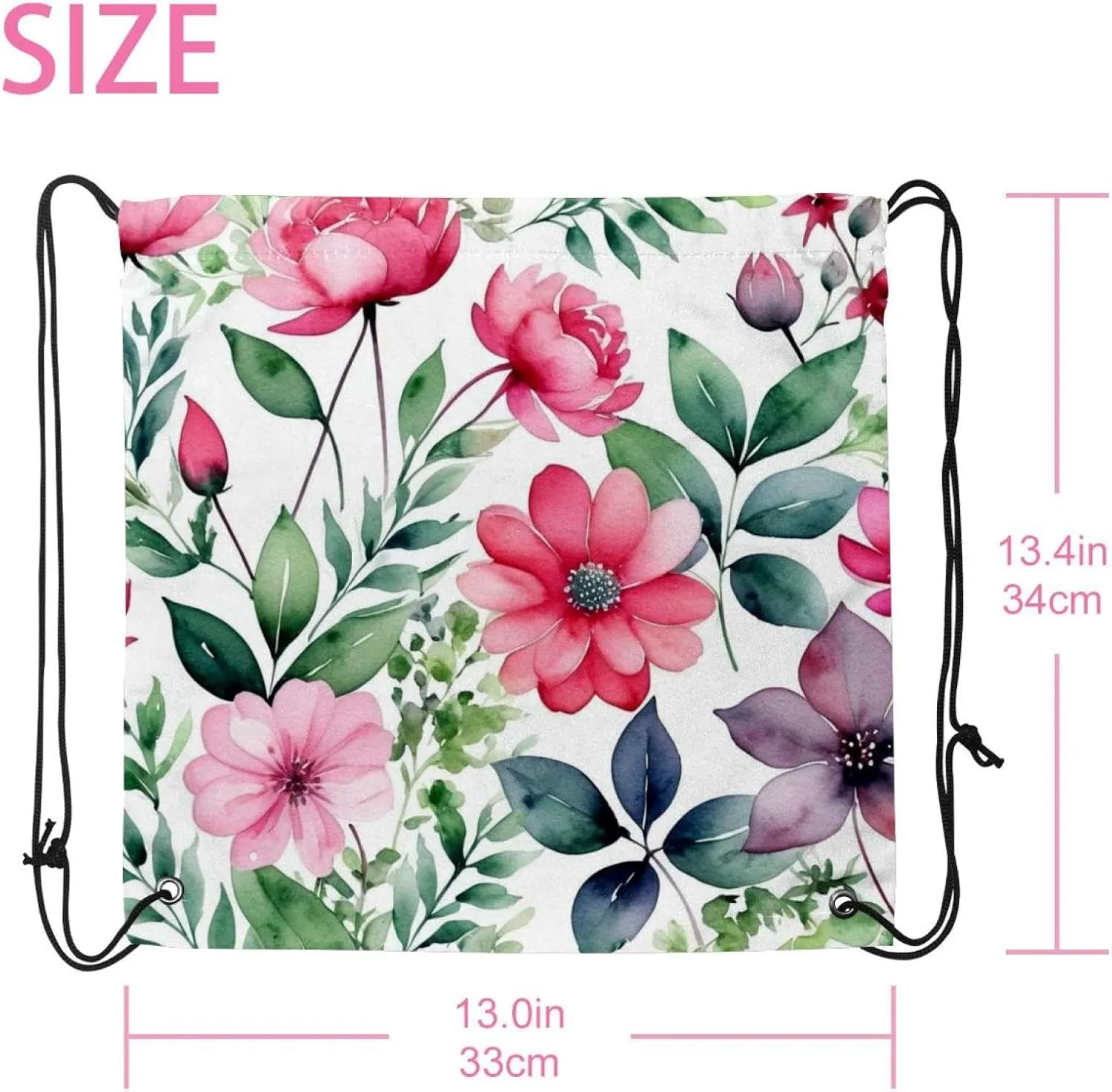 2 Pieces Drawstring Backpacks, Pink Flowers with Leaves Draw String Back Bag Drawstring Bags for Sports, Gym, Travel, Swimming, Beach
