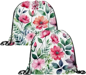 2 Pieces Drawstring Backpacks, Pink Flowers with Leaves Draw String Back Bag Drawstring Bags for Sports, Gym, Travel, Swimming, Beach