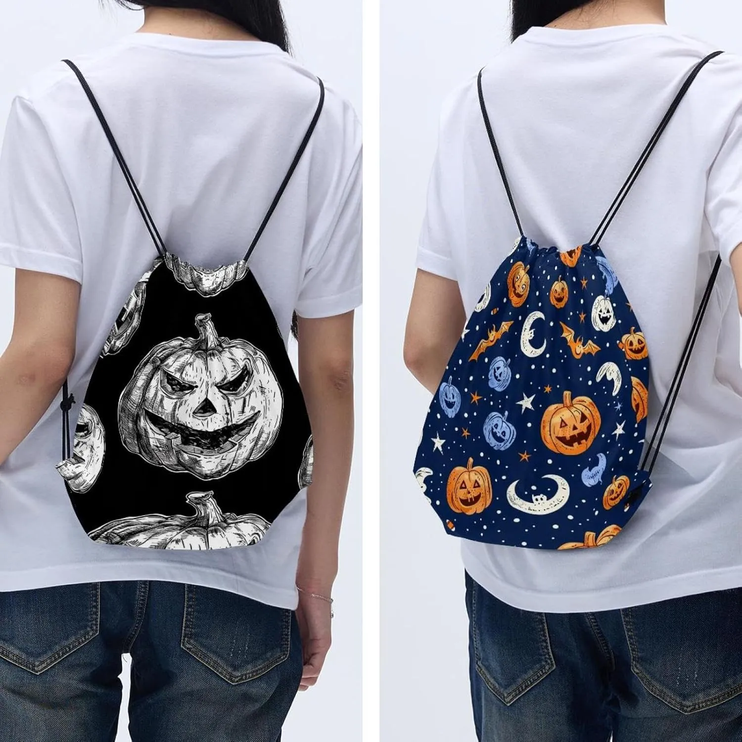 2 Pieces Halloween Pumpkins Drawstring Backpack for Party Gym Sport Trip