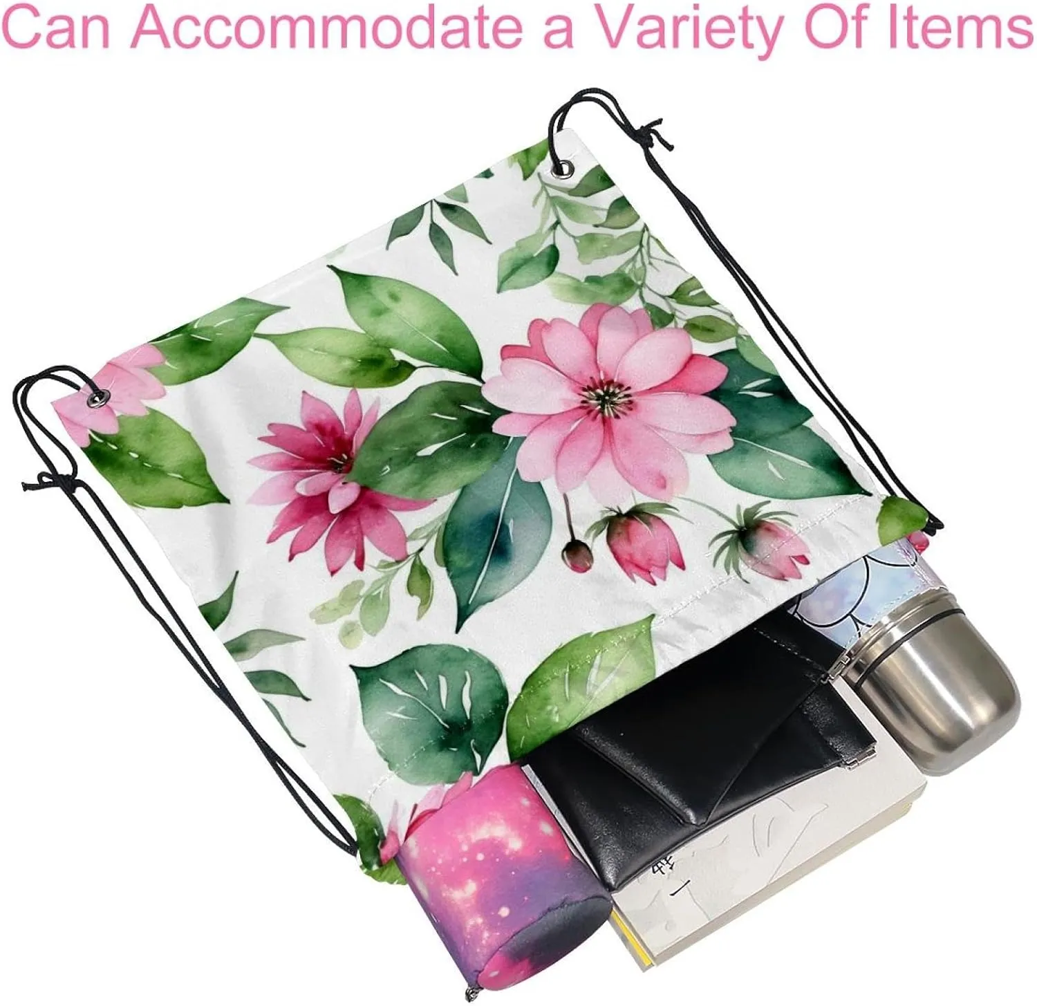 2 Pieces Pink Flowers with Leaves Drawstring Backpack for Party Gym Sport Trip