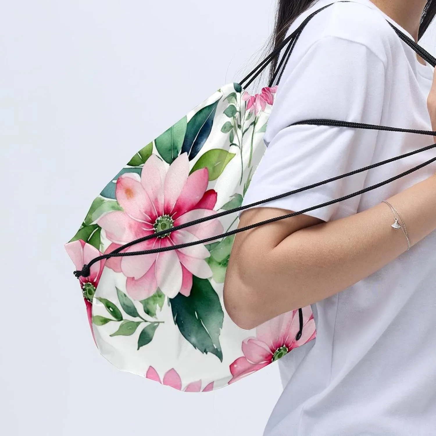 2 Pieces Pink Flowers with Leaves Drawstring Backpack for Party Gym Sport Trip
