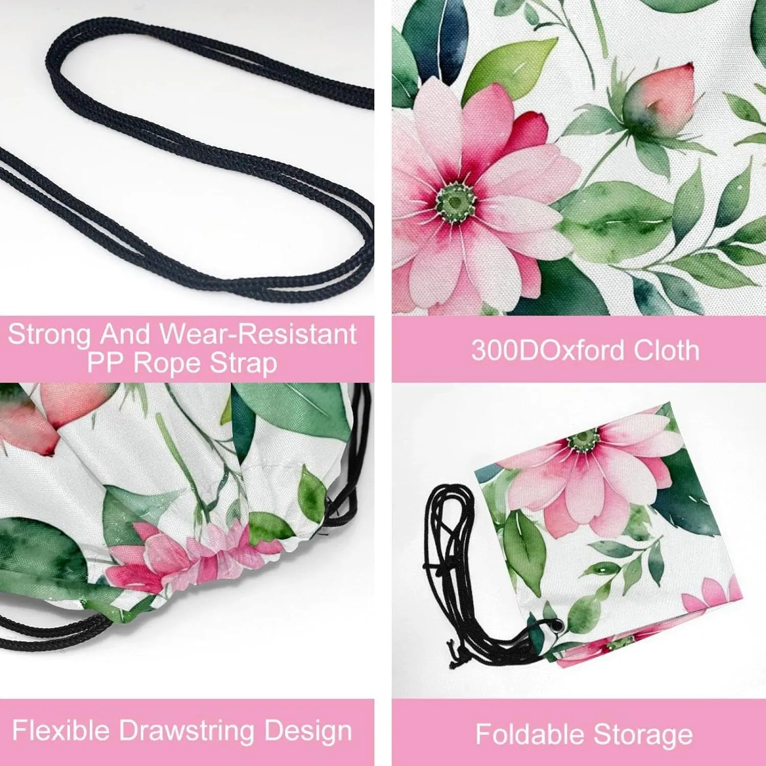2 Pieces Pink Flowers with Leaves Drawstring Backpack for Party Gym Sport Trip