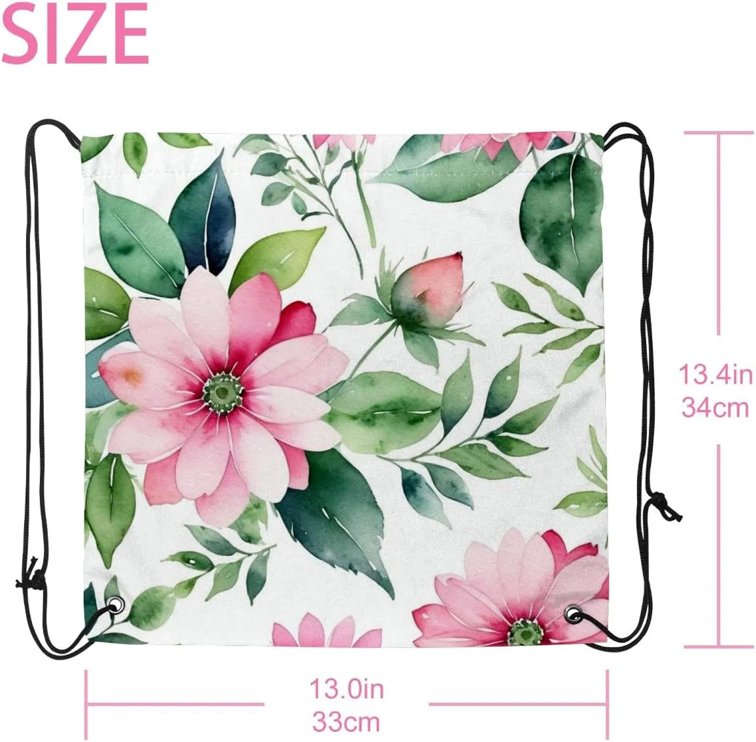 2 Pieces Pink Flowers with Leaves Drawstring Backpack for Party Gym Sport Trip