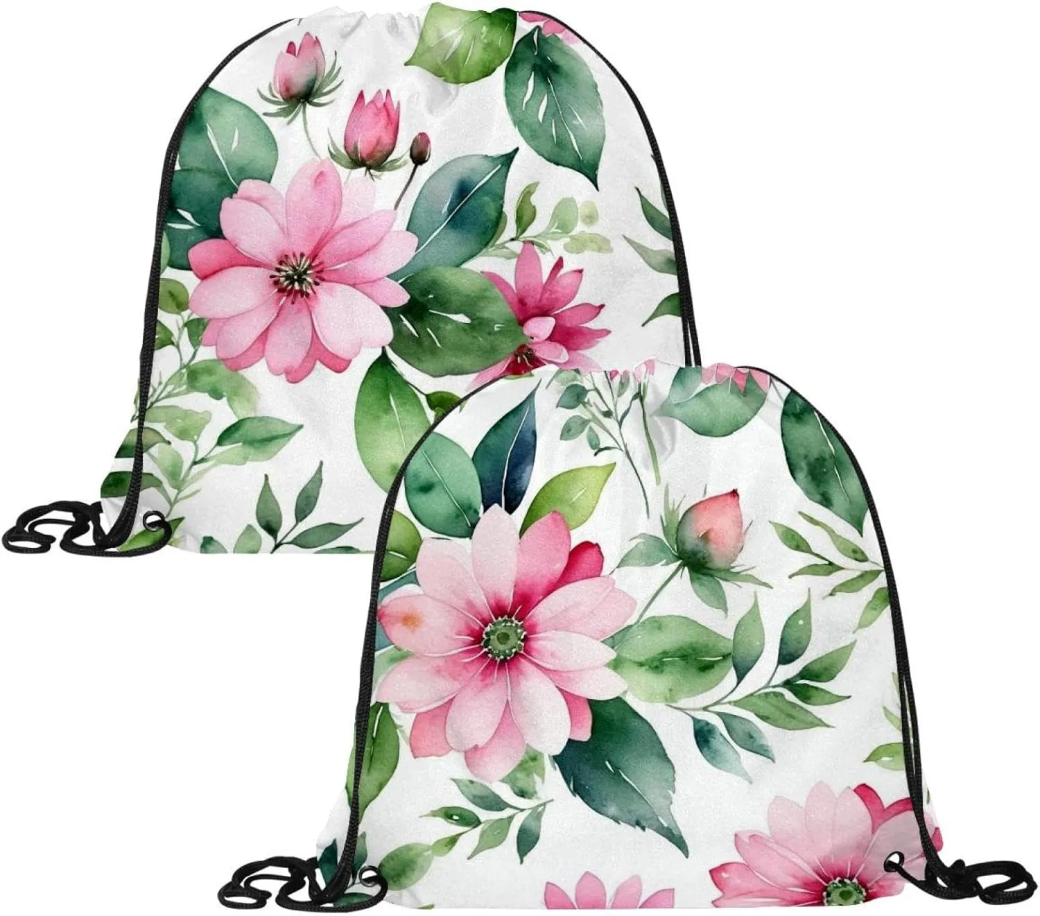 2 Pieces Pink Flowers with Leaves Drawstring Backpack for Party Gym Sport Trip
