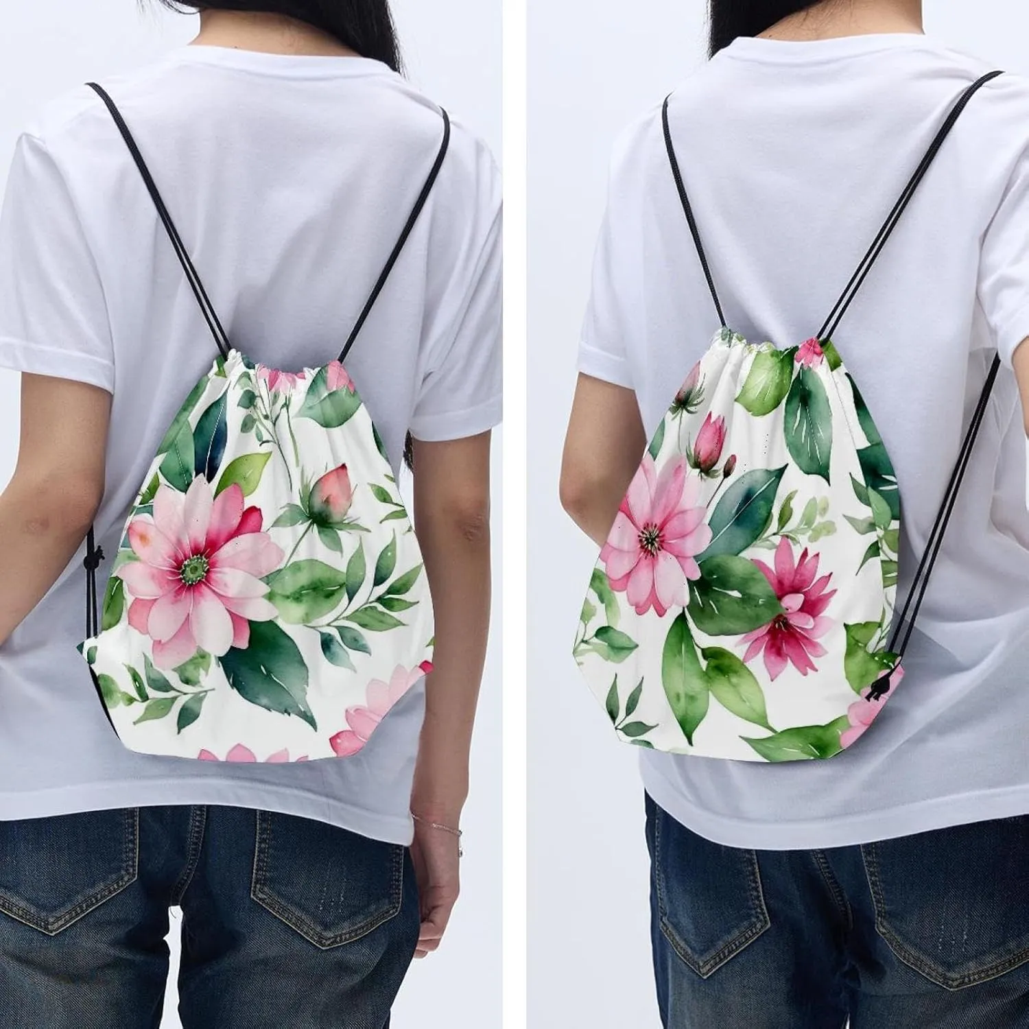 2 Pieces Pink Flowers with Leaves Drawstring Backpack for Party Gym Sport Trip