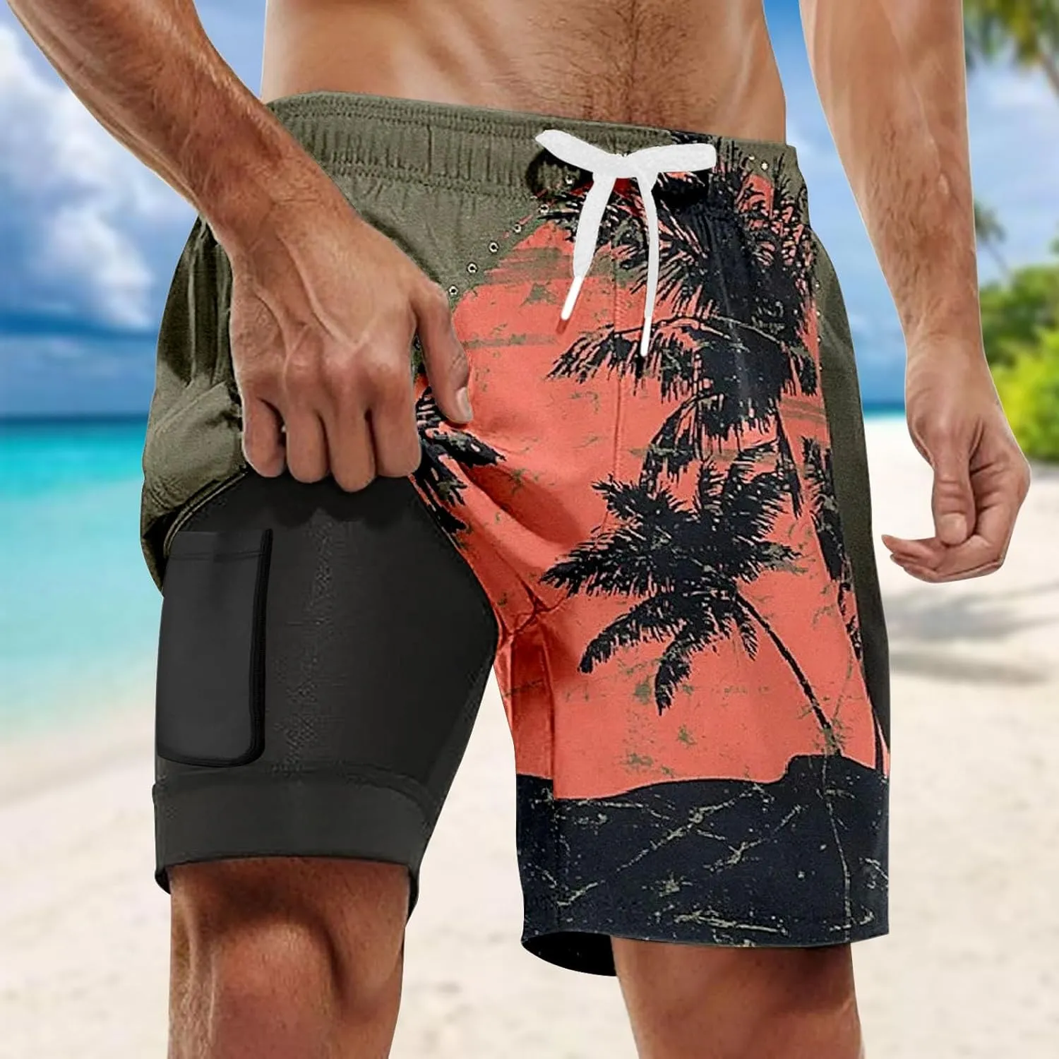 2025 Mens Swim Trunks Quick Dry Bathing Suits with Compression Liner Summer Beach Swimsuits Shorts with Pockets