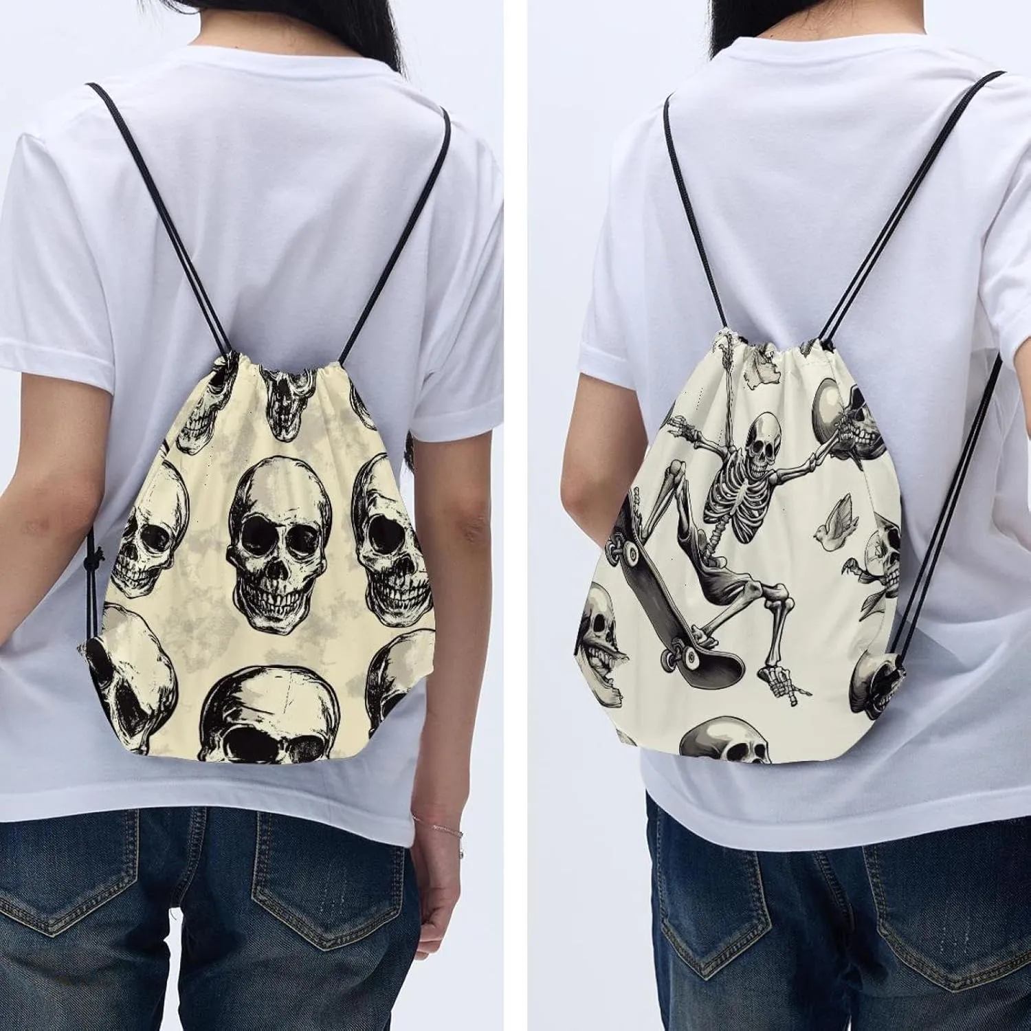 2PCS Halloween Skeleton Skull 7 Drawstring Bags Drawstring Gym Bag