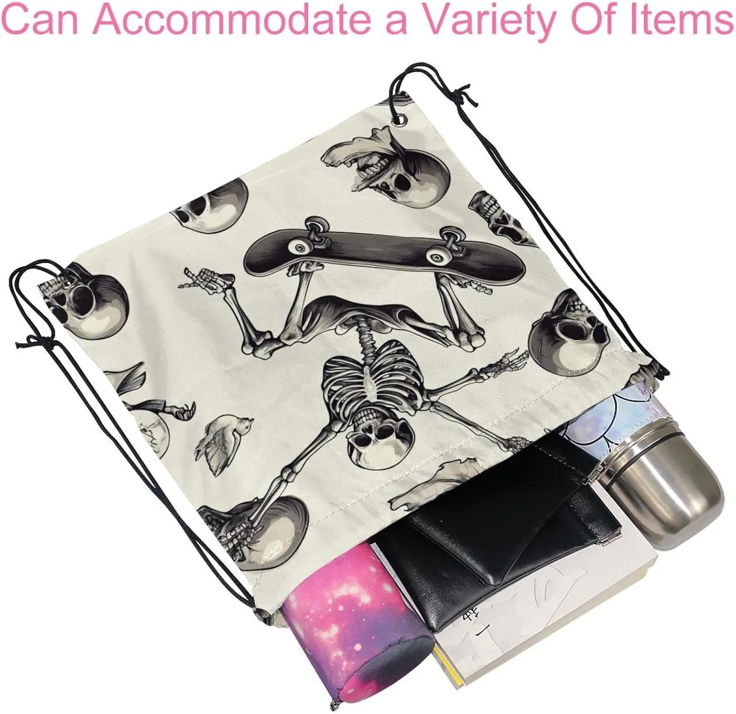 2PCS Halloween Skeleton Skull 7 Drawstring Bags Drawstring Gym Bag