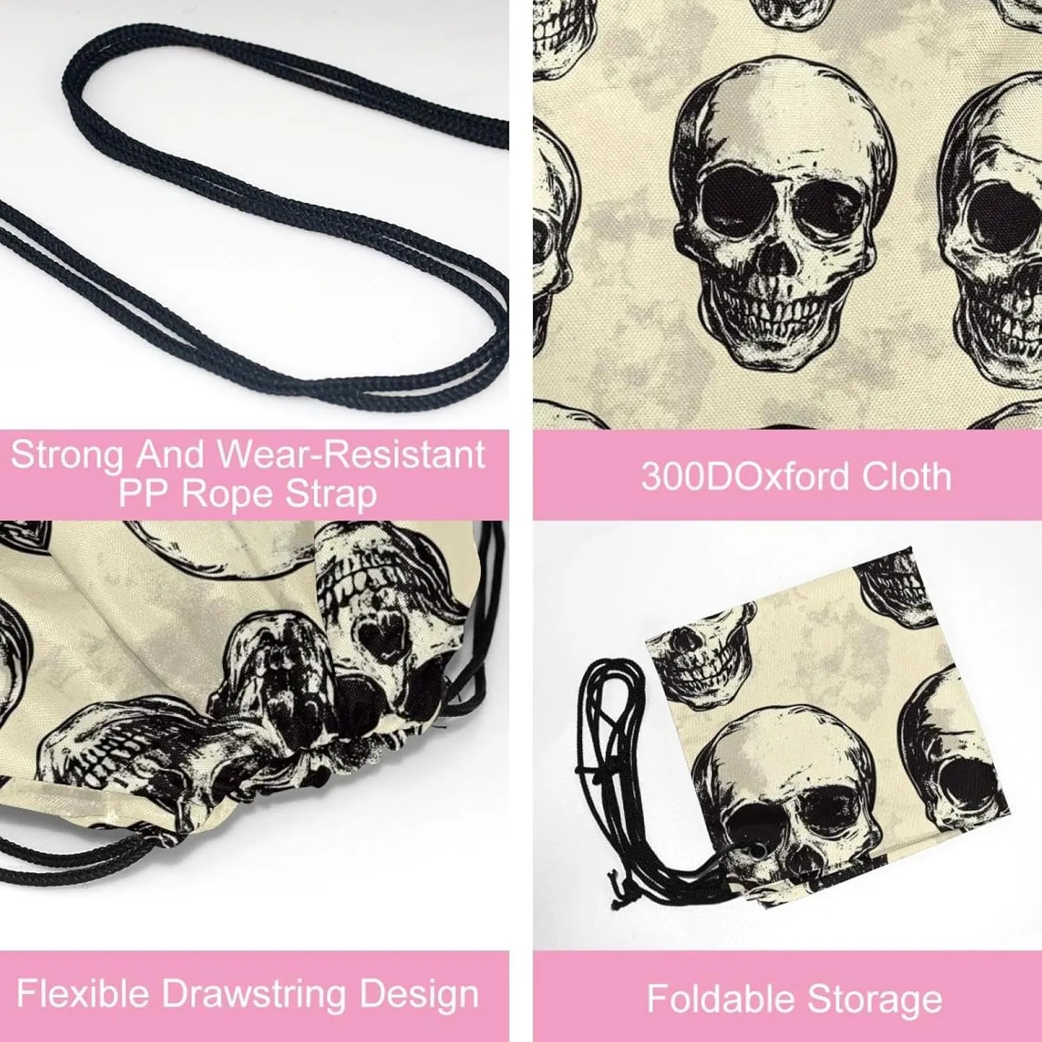 2PCS Halloween Skeleton Skull 7 Drawstring Bags Drawstring Gym Bag