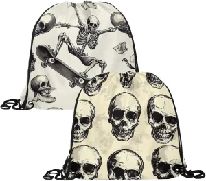 2PCS Halloween Skeleton Skull 7 Drawstring Bags Drawstring Gym Bag