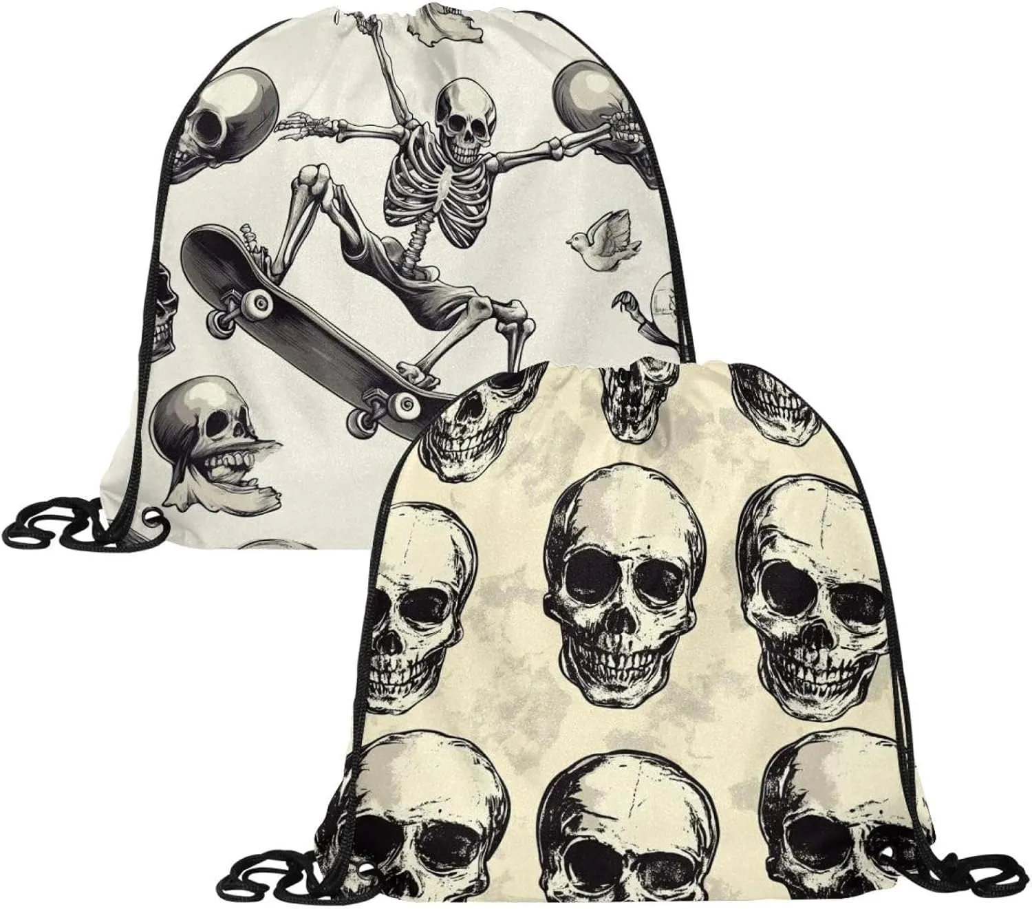 2PCS Halloween Skeleton Skull 7 Drawstring Bags Drawstring Gym Bag