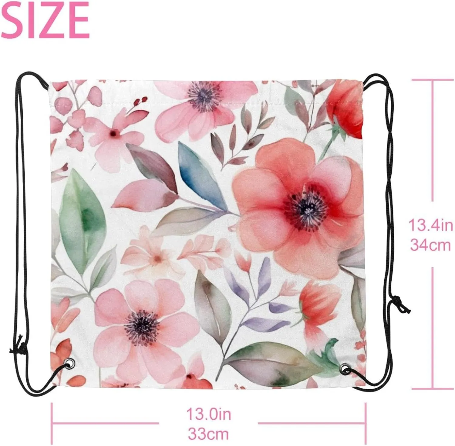 2PCS Pink Flowers with Leaves Drawstring Bags Drawstring Gym Bag