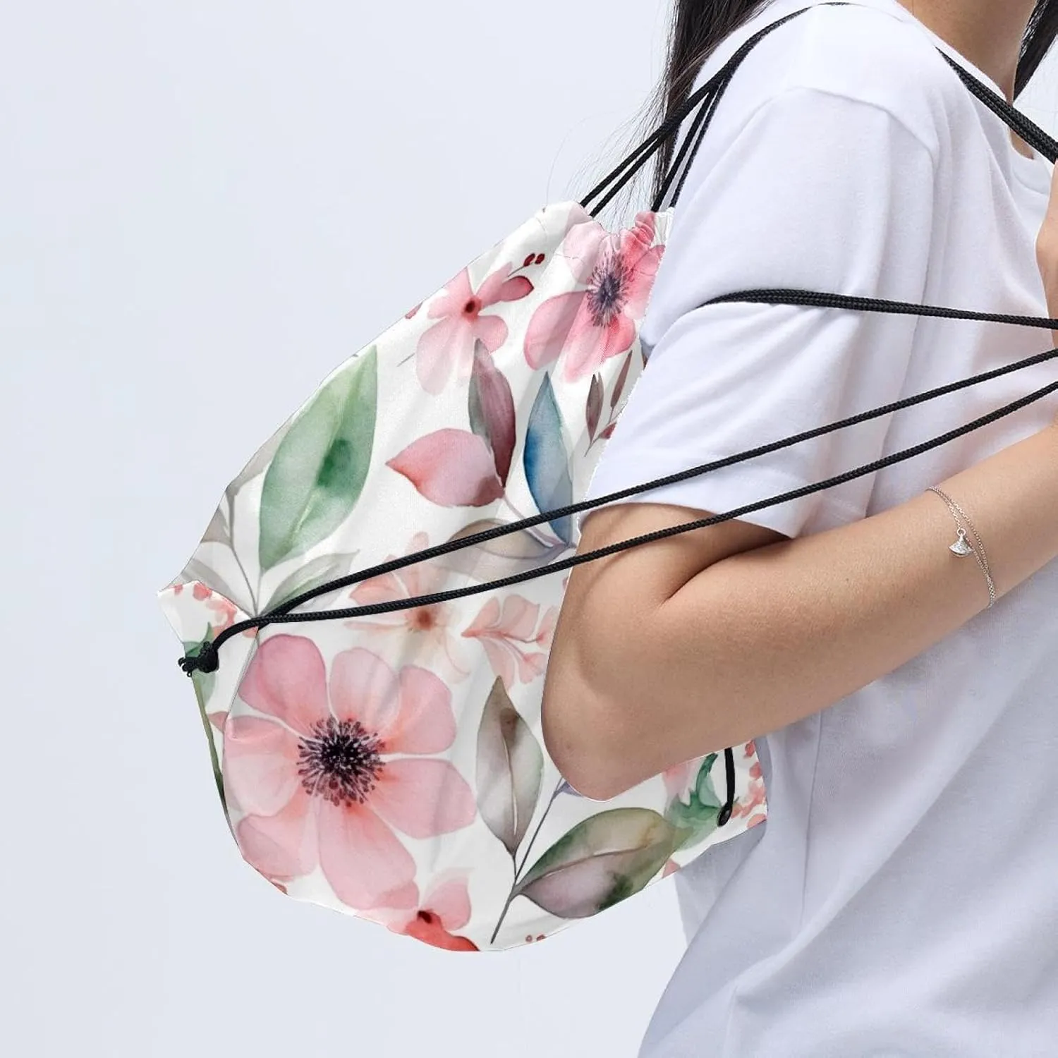 2PCS Pink Flowers with Leaves Drawstring Bags Drawstring Gym Bag
