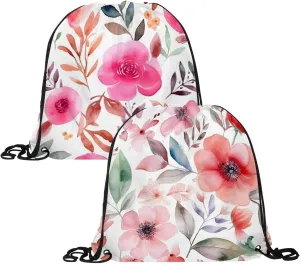2PCS Pink Flowers with Leaves Drawstring Bags Drawstring Gym Bag