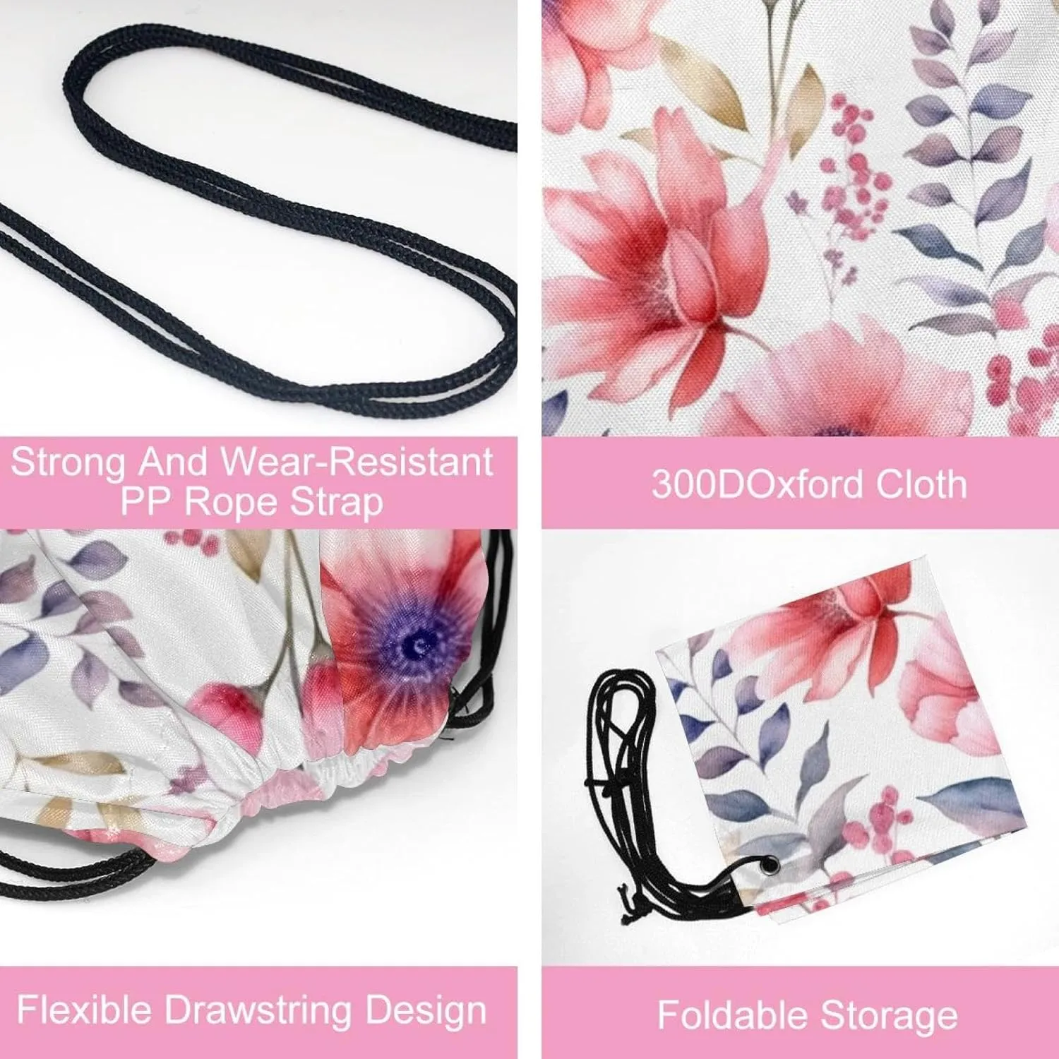 2PCS Pink Flowers with Leaves Drawstring Bags Drawstring Gym Bag