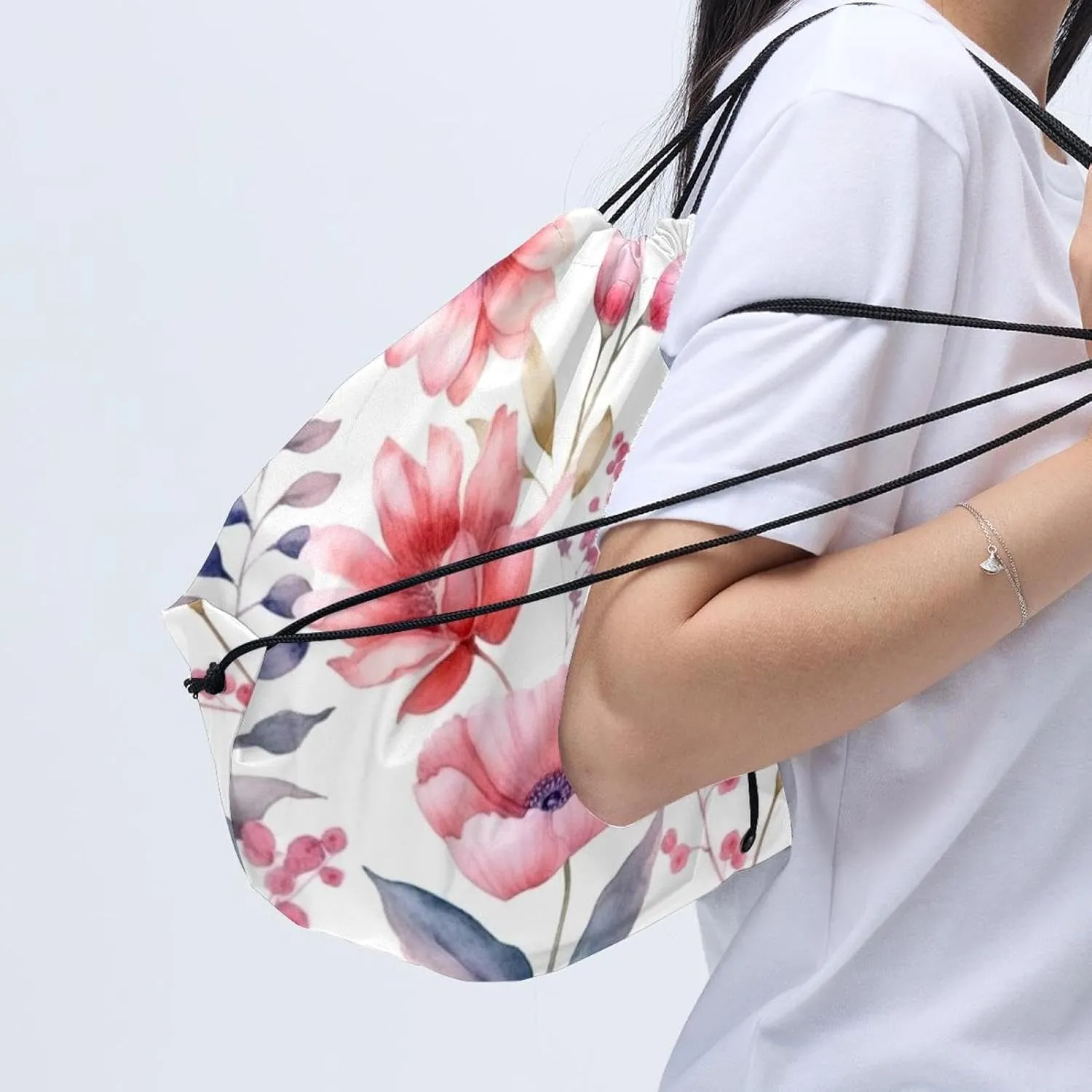 2PCS Pink Flowers with Leaves Drawstring Bags Drawstring Gym Bag