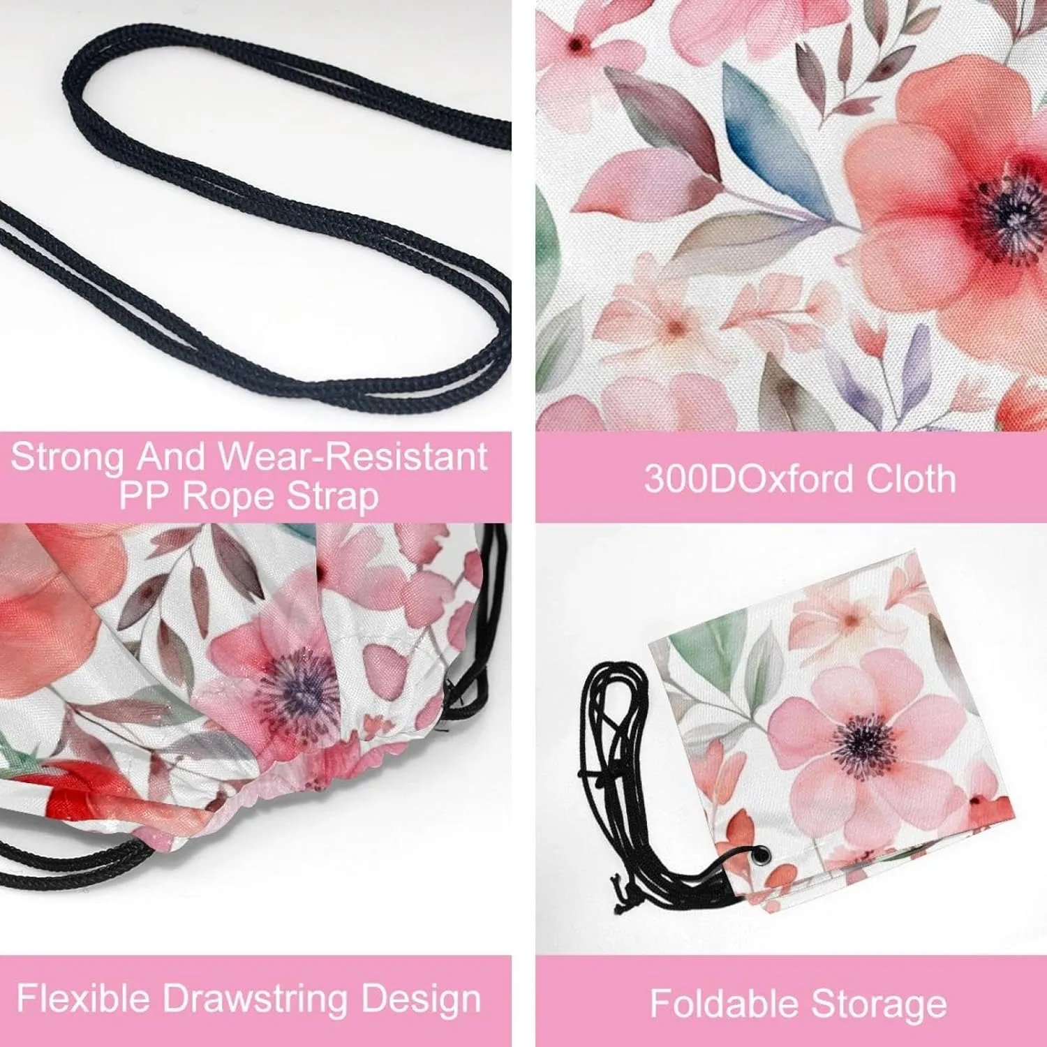2PCS Pink Flowers with Leaves Drawstring Bags Drawstring Gym Bag