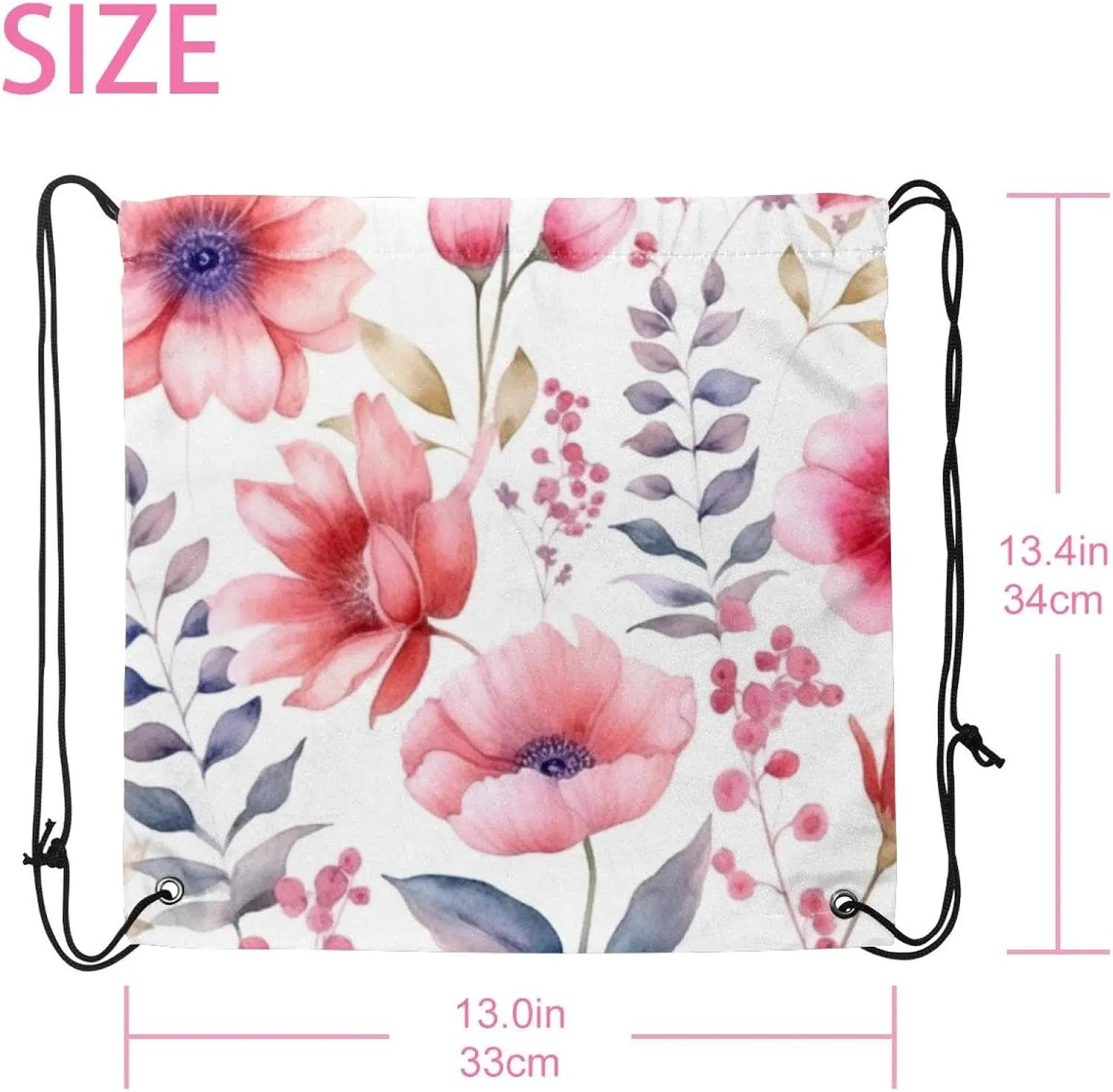 2PCS Pink Flowers with Leaves Drawstring Bags Drawstring Gym Bag