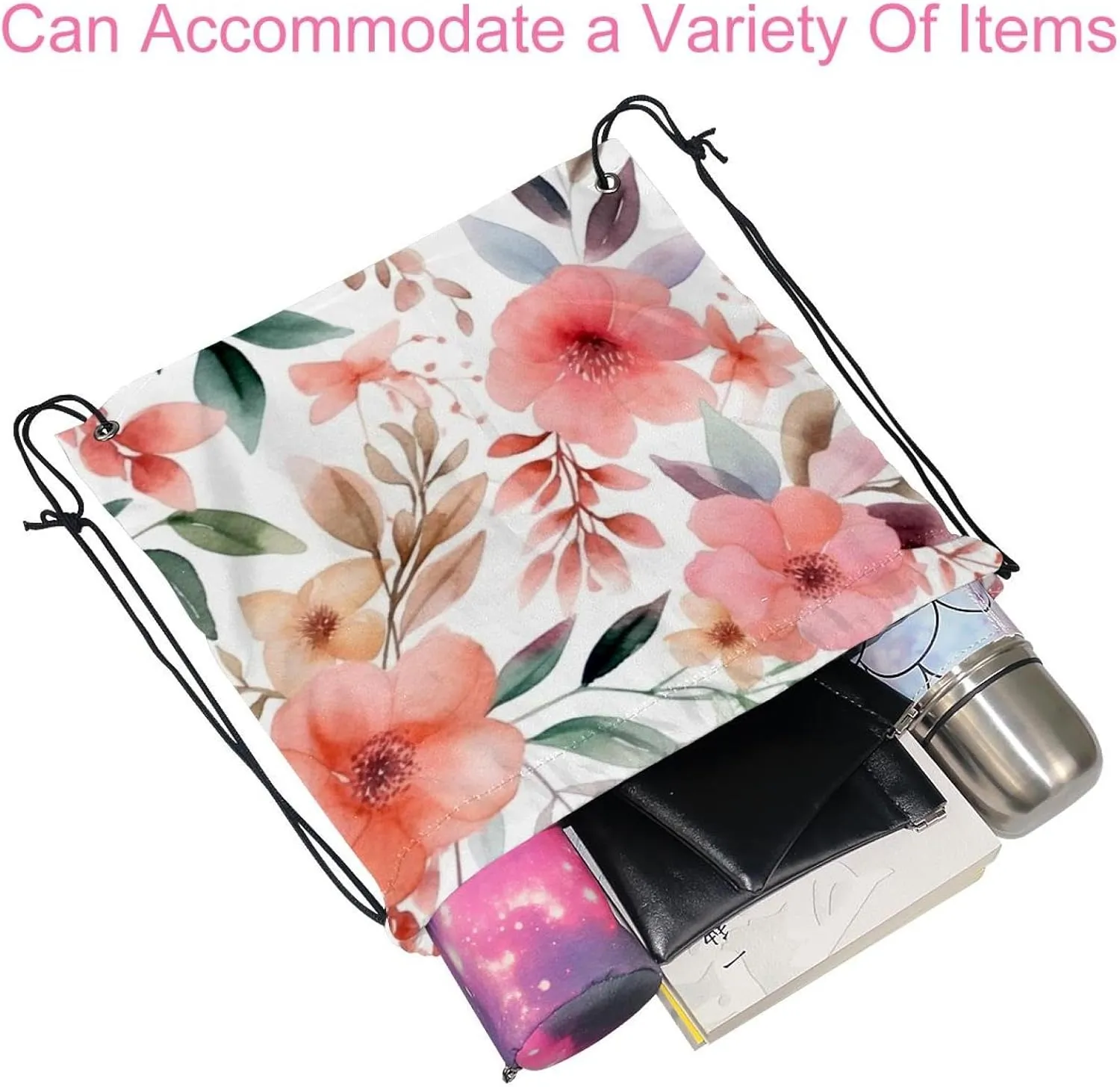 2PCS Pink Flowers with Leaves Drawstring Bags Drawstring Gym Bag
