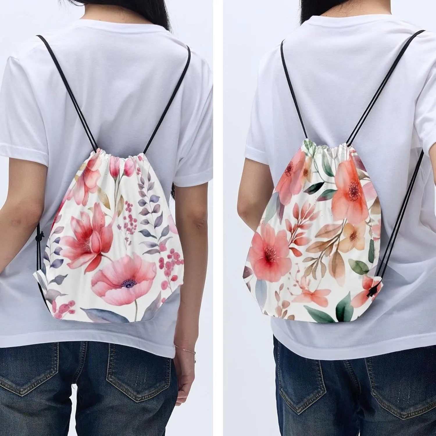 2PCS Pink Flowers with Leaves Drawstring Bags Drawstring Gym Bag