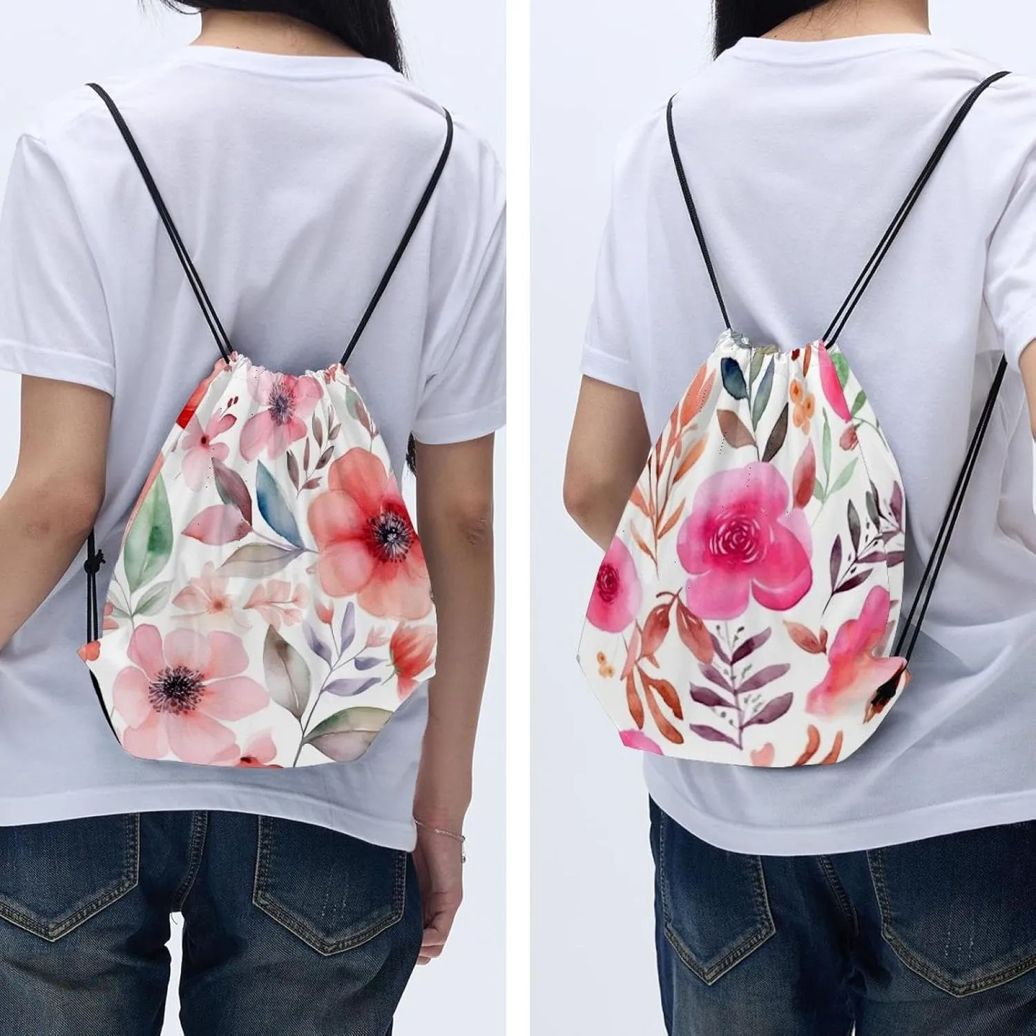 2PCS Pink Flowers with Leaves Drawstring Bags Drawstring Gym Bag