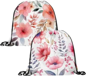 2PCS Pink Flowers with Leaves Drawstring Bags Drawstring Gym Bag