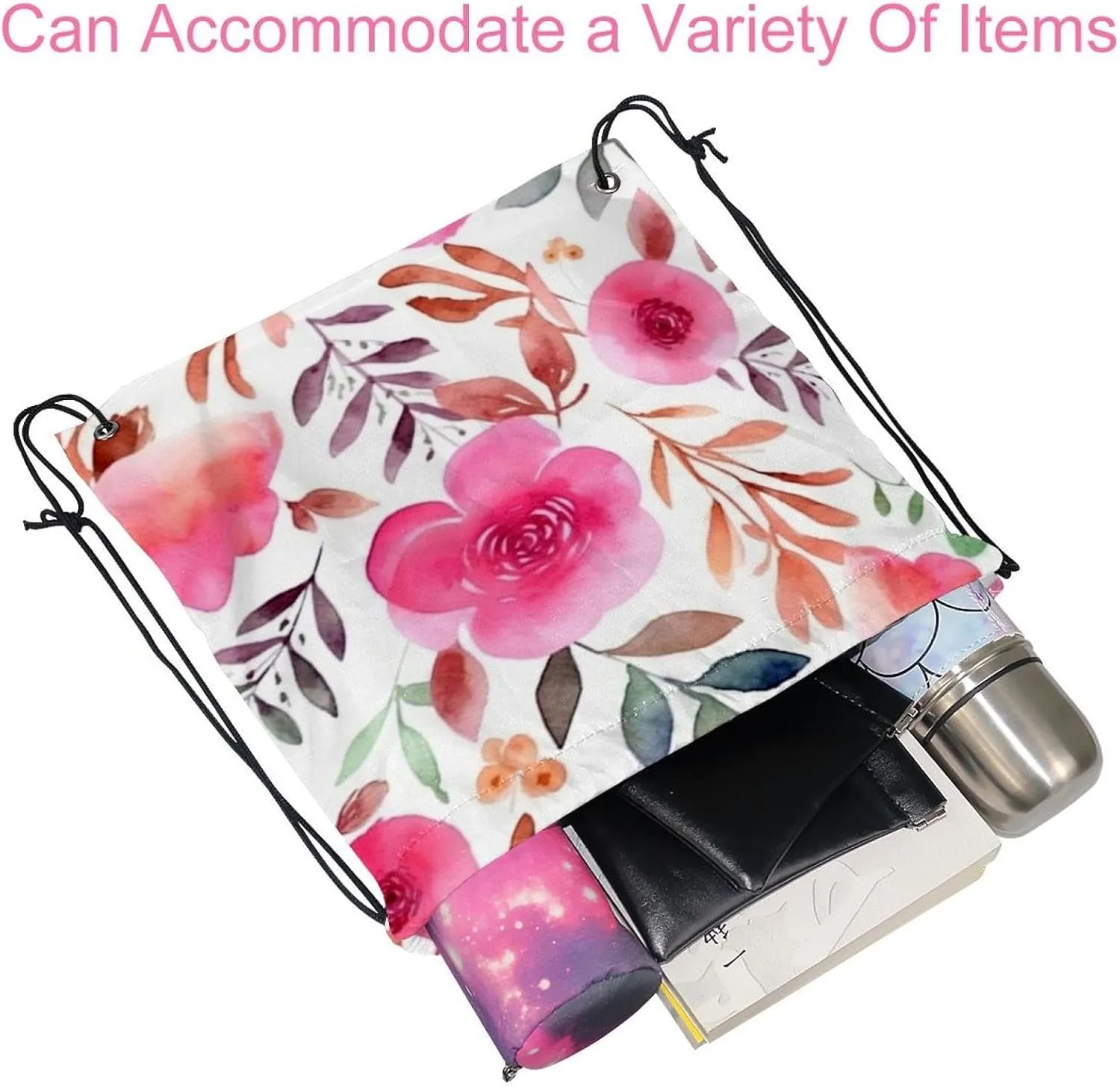 2PCS Pink Flowers with Leaves Drawstring Bags Drawstring Gym Bag