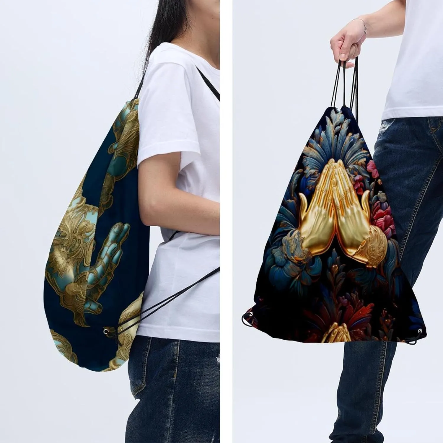 2PCS Praying hands Draw String Bags Drawstring Backpack for Sports, Gym, Travel, Swimming, Beach
