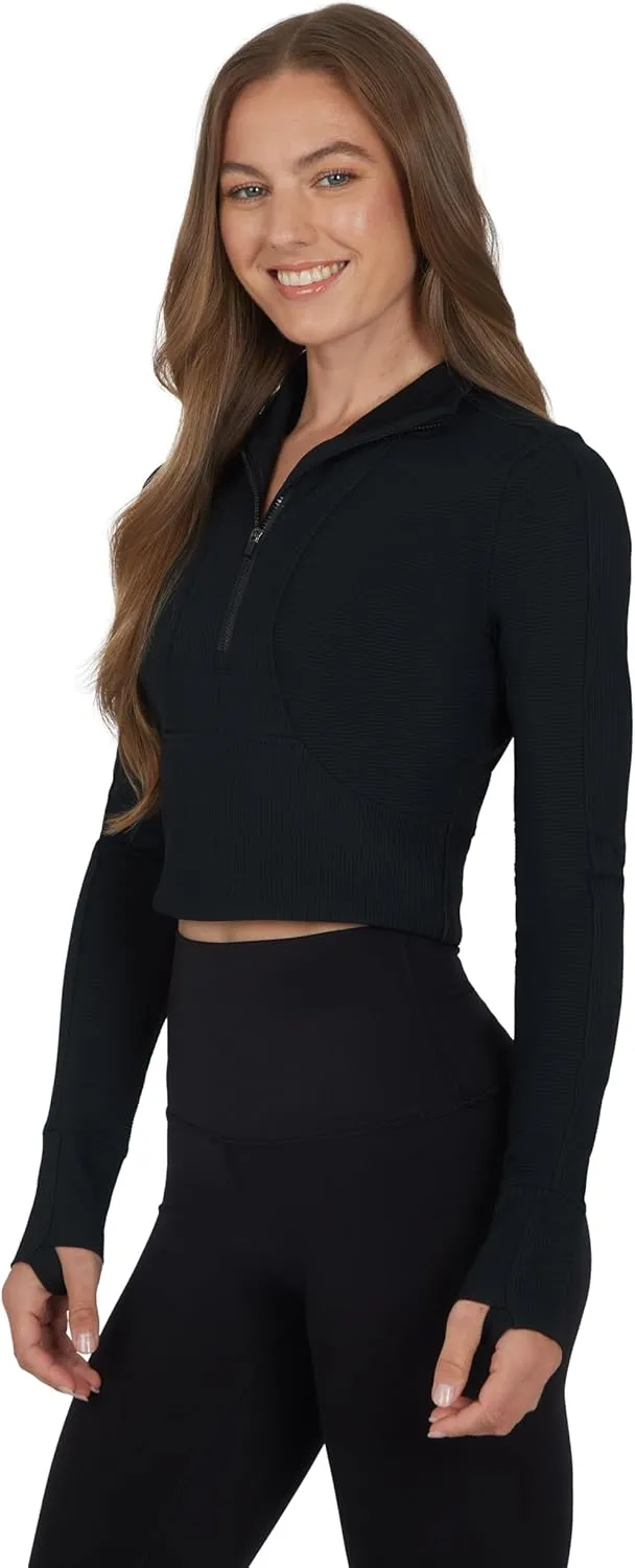 90 Degree By Reflex Womens Interlink Ribbed Half Zip Long Sleeve Crop Top Jacket
