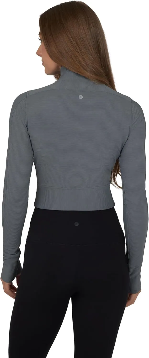 90 Degree By Reflex Womens Interlink Ribbed Half Zip Long Sleeve Crop Top Jacket