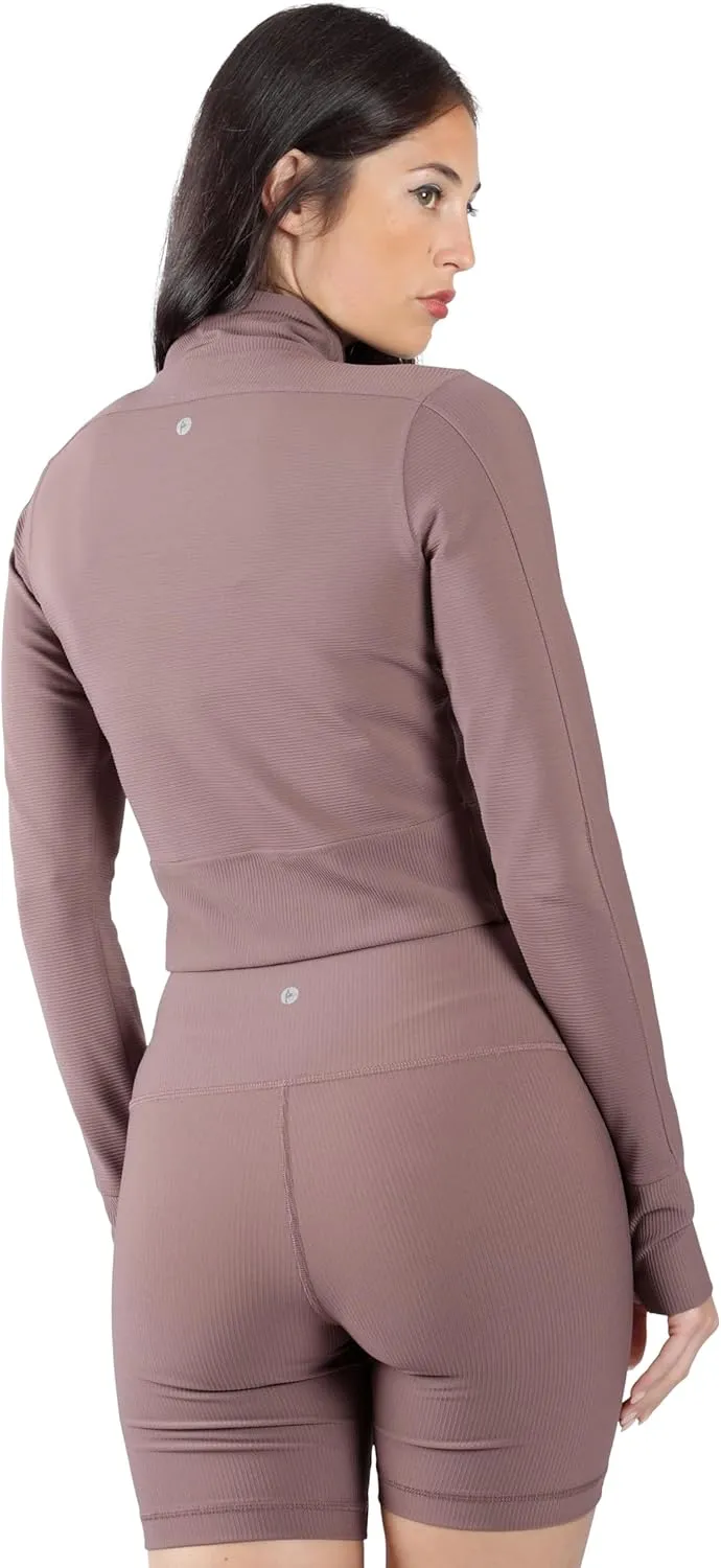 90 Degree By Reflex Womens Interlink Ribbed Half Zip Long Sleeve Crop Top Jacket