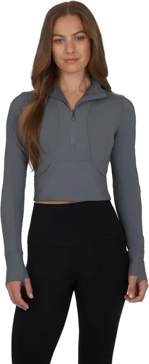 90 Degree By Reflex Womens Interlink Ribbed Half Zip Long Sleeve Crop Top Jacket