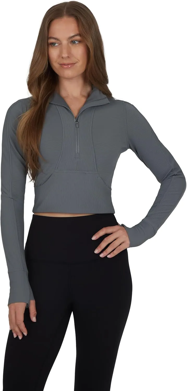 90 Degree By Reflex Womens Interlink Ribbed Half Zip Long Sleeve Crop Top Jacket