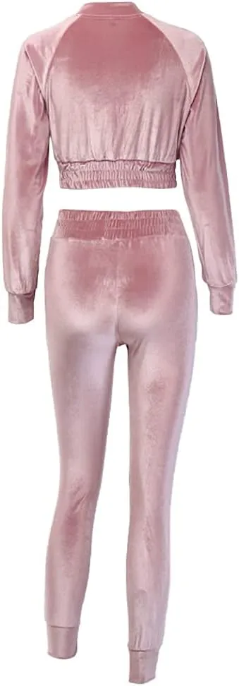 ABOCIW Velour Tracksuit Womens 2 Piece Jogging Outfits Long Sleeve Zipper Crop Top Sweatpant Jogger Sweatsuit Workout Sets