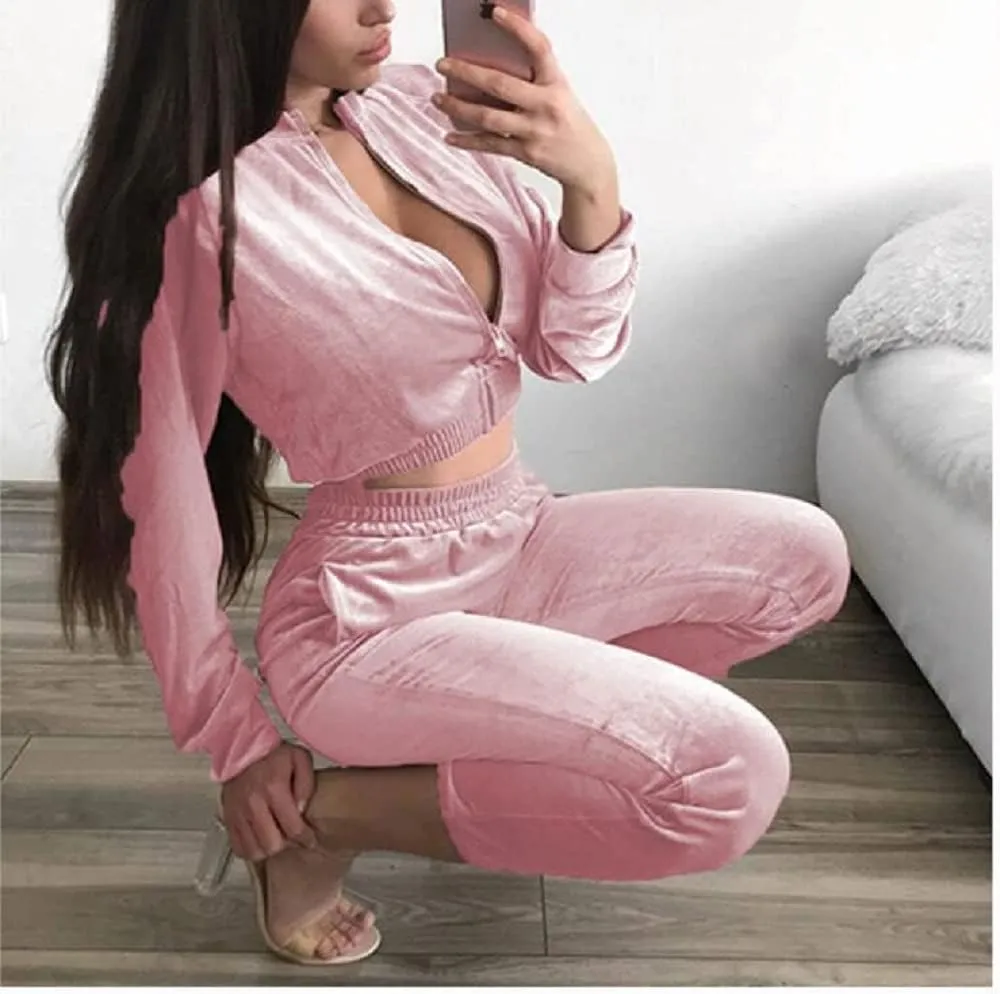 ABOCIW Velour Tracksuit Womens 2 Piece Jogging Outfits Long Sleeve Zipper Crop Top Sweatpant Jogger Sweatsuit Workout Sets