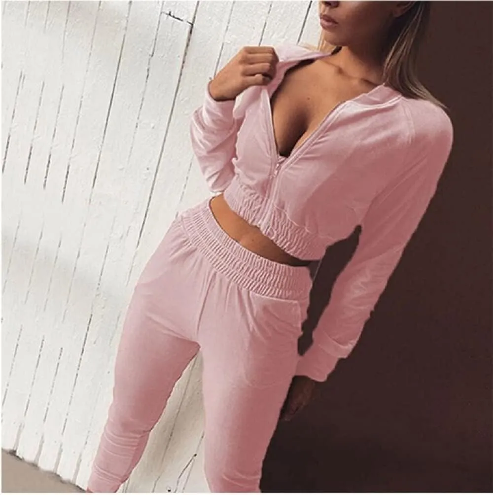 ABOCIW Velour Tracksuit Womens 2 Piece Jogging Outfits Long Sleeve Zipper Crop Top Sweatpant Jogger Sweatsuit Workout Sets