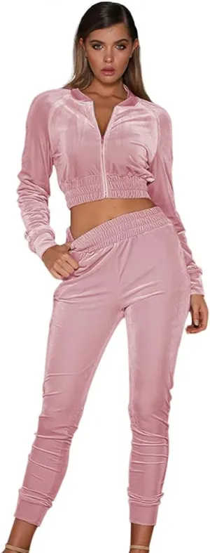 ABOCIW Velour Tracksuit Womens 2 Piece Jogging Outfits Long Sleeve Zipper Crop Top Sweatpant Jogger Sweatsuit Workout Sets