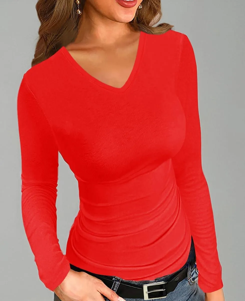 Afibi Women Ribbed Long Sleeve V Neck Slim Fit Stretchy Basic T Shirts Tops