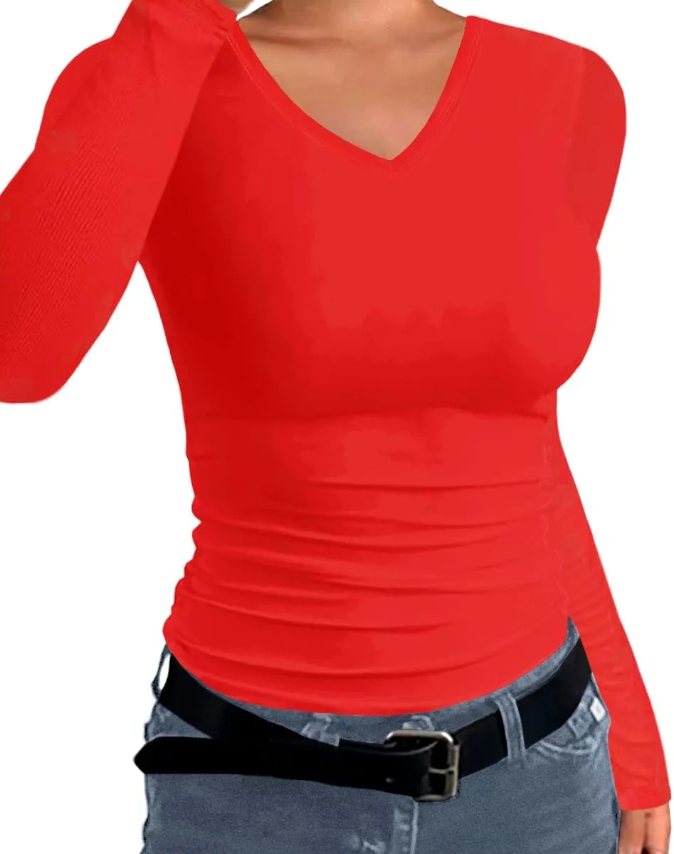 Afibi Women Ribbed Long Sleeve V Neck Slim Fit Stretchy Basic T Shirts Tops