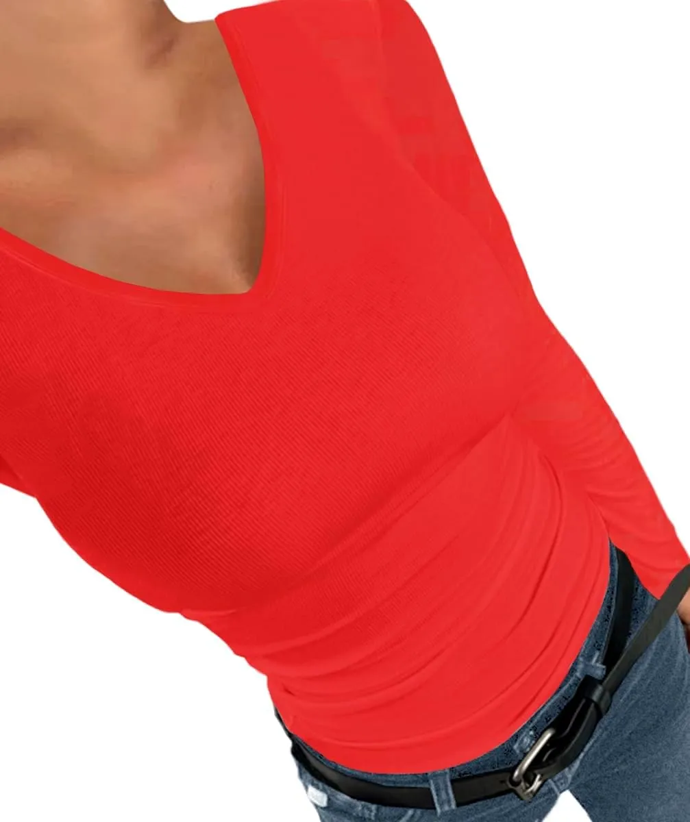 Afibi Women Ribbed Long Sleeve V Neck Slim Fit Stretchy Basic T Shirts Tops