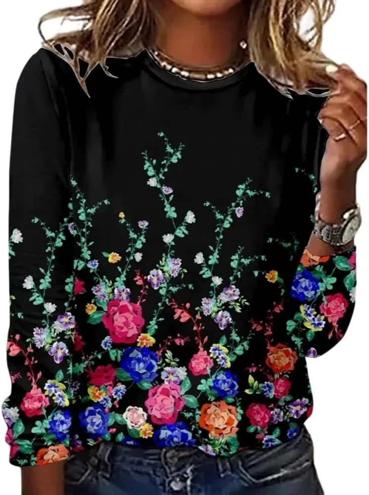 Akivide Women's Oversized Flower Graphic Crewneck Sweatshirt Fall Winter Casual Loose Floral Printed Long Sleeve Sweatshirts